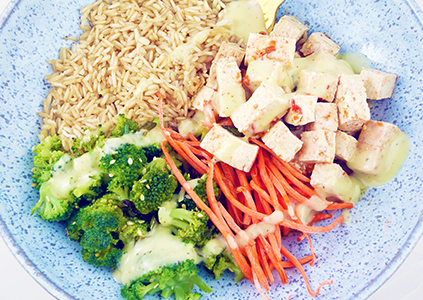 Asian Marinated Tofu Buddha Bowl with Lemon-Tahini Dressing