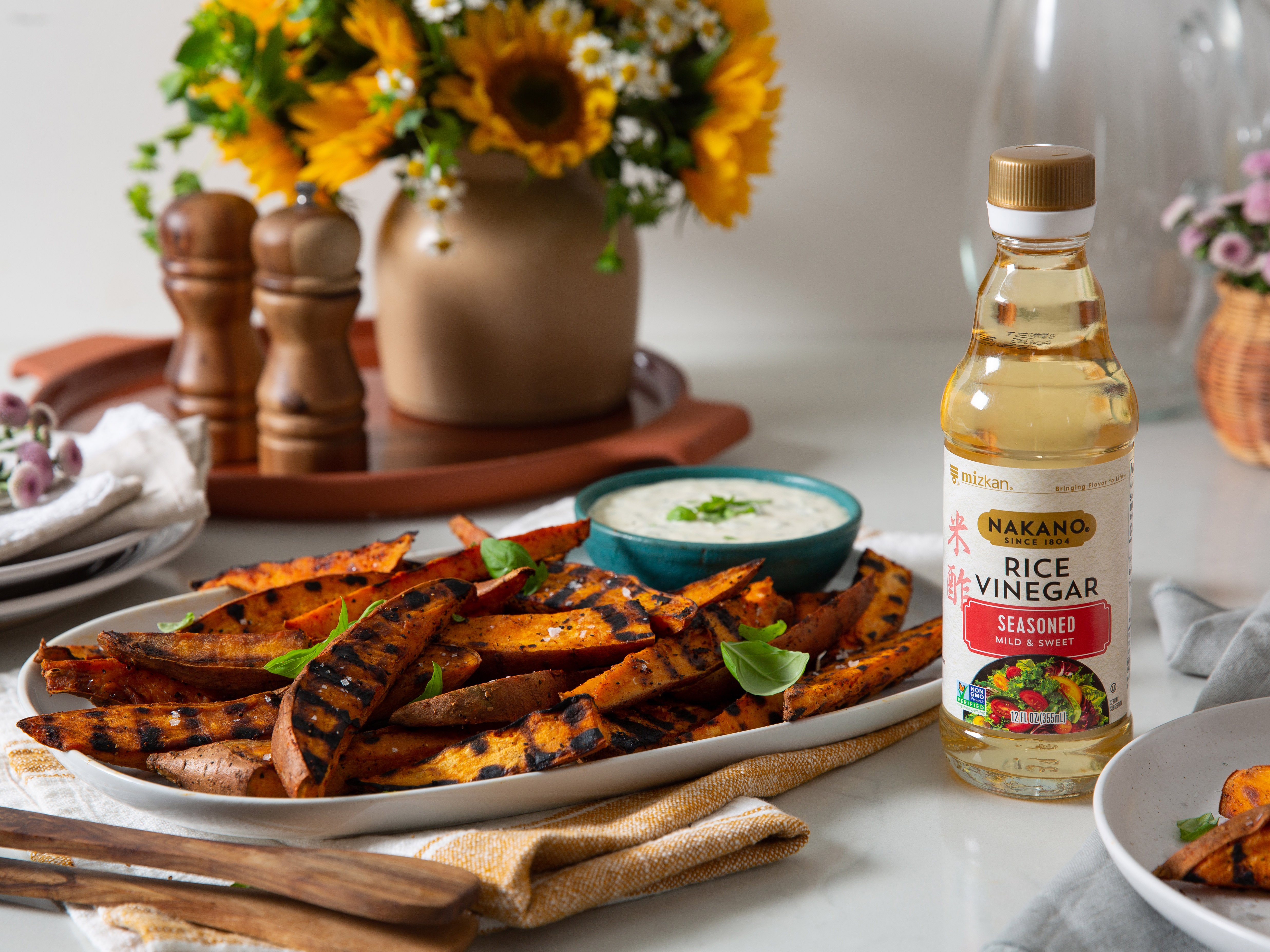 Grilled Smoky Sweet Potatoes with Creamy Basil Dipping Sauce