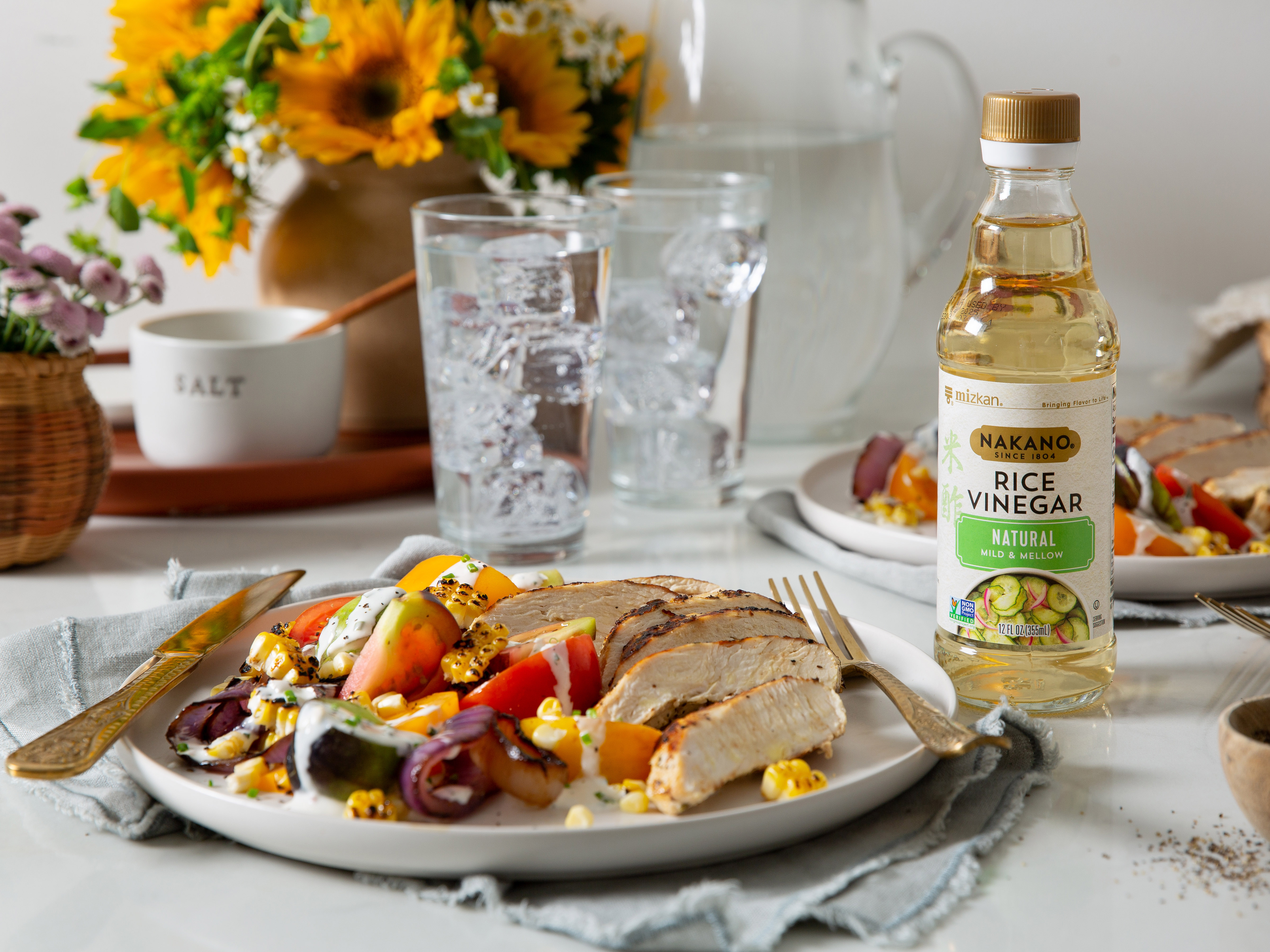 Grilled Chicken with Tomato-Corn Salad and Creamy Garlic Dressing